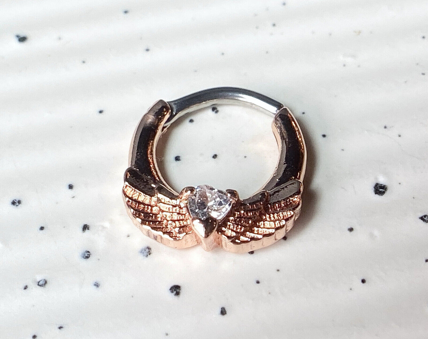 1pc Angel Wings w/Heart CZ Gem Septum Clicker Nose Ring Body Jewelry