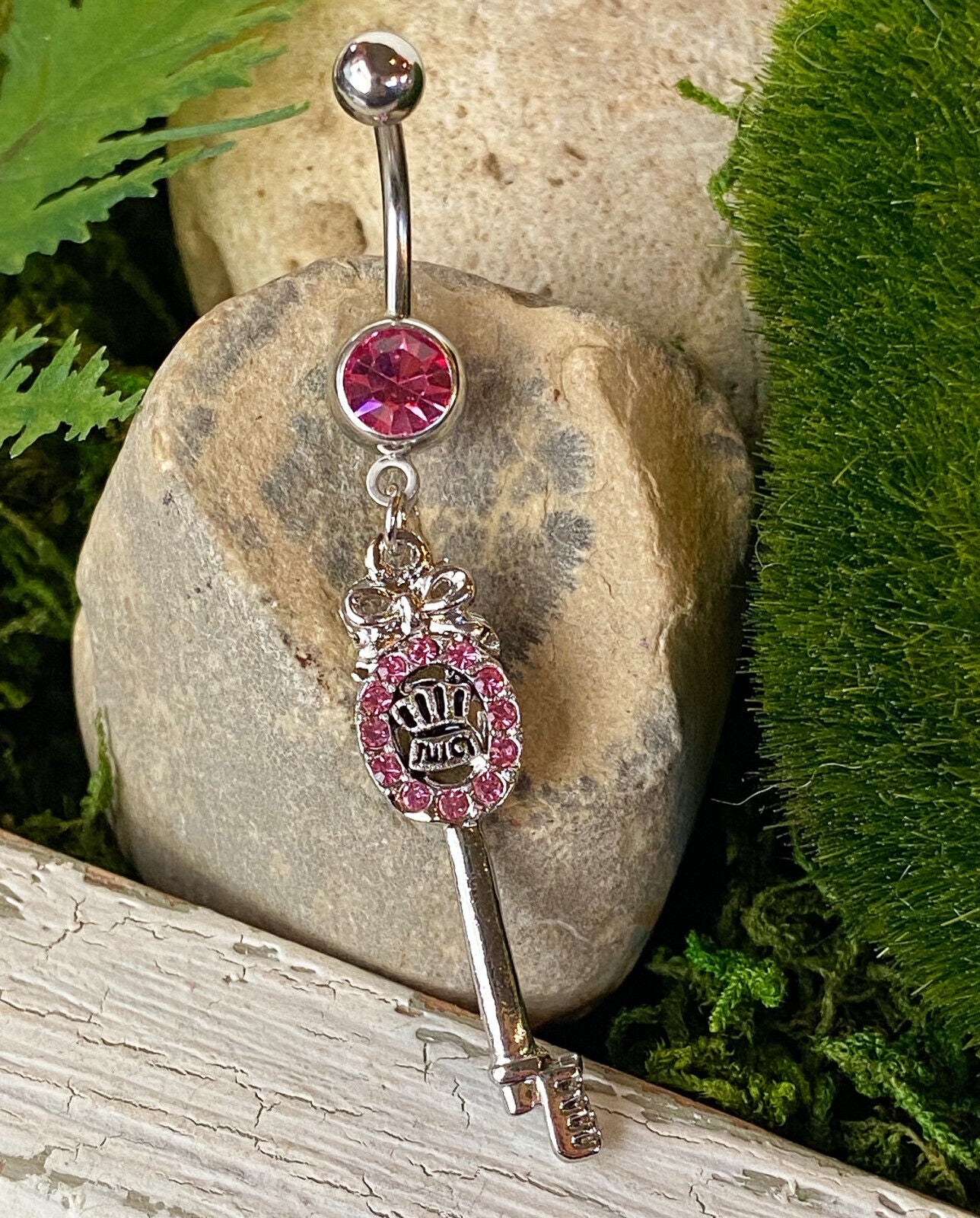 Juicy Key Dangle CZ Gem Belly Ring Navel Naval Clear, Pink, Aqua