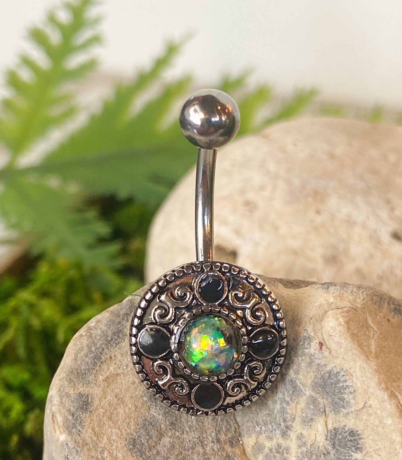 Vintage Shield Opal Center Belly Button Ring Navel Naval Body Piercing Jewelry