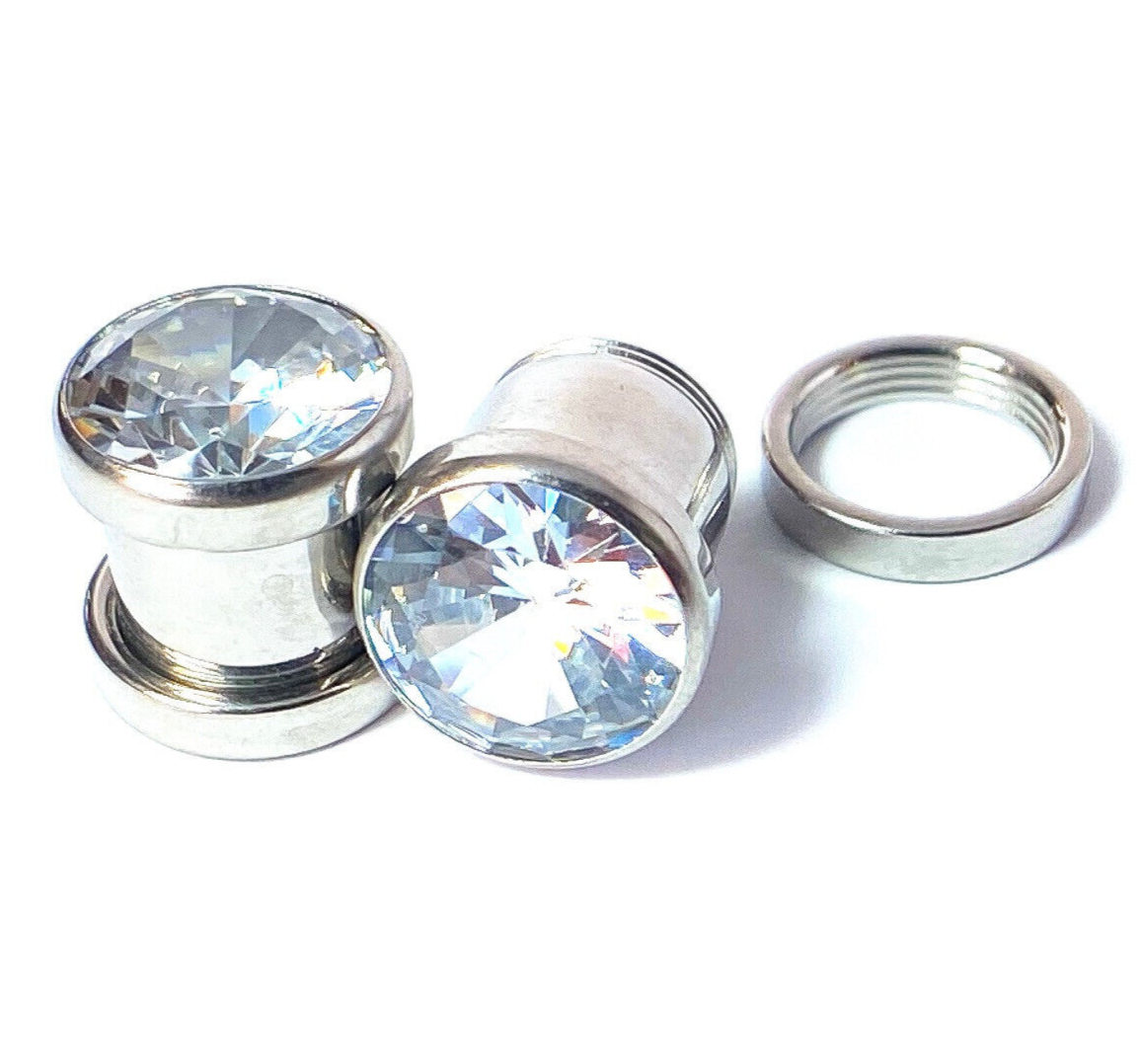 PAIR Large Gem Screw Fit Tunnels Ear Plugs Gauges Pierced Piercing Body Jewelry