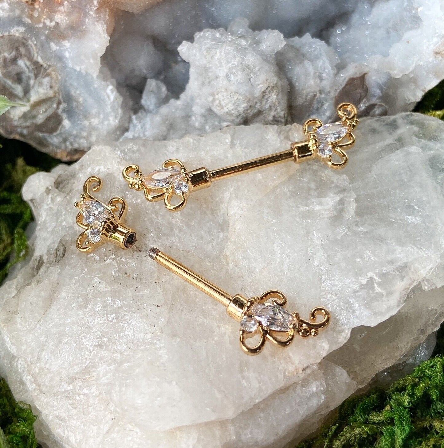 PAIR CZ Set Floral Filigree Nipple Rings Shields Pierced Body Piercing Jewelry