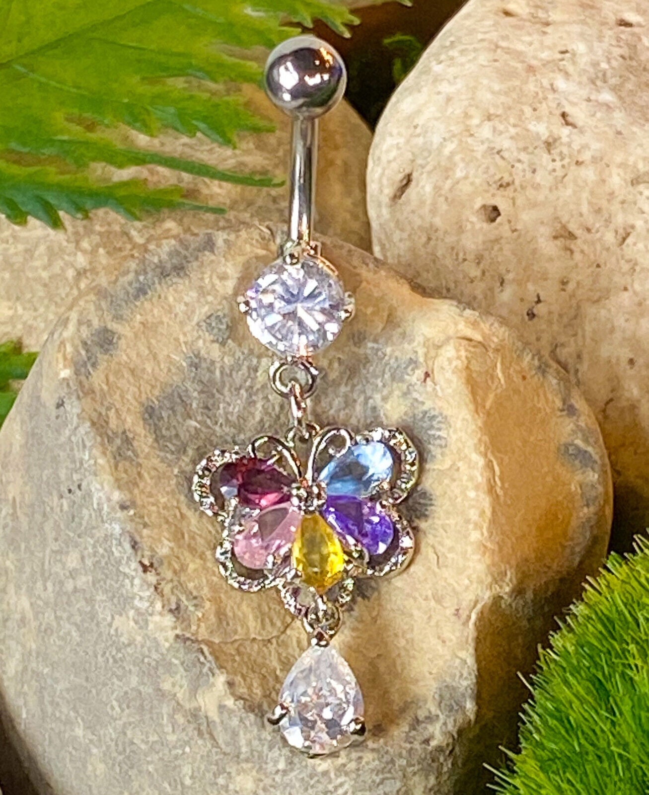 Butterfly CZ Gem Belly Ring Navel Naval Teardrop Dangle Clear, Mulitcolor