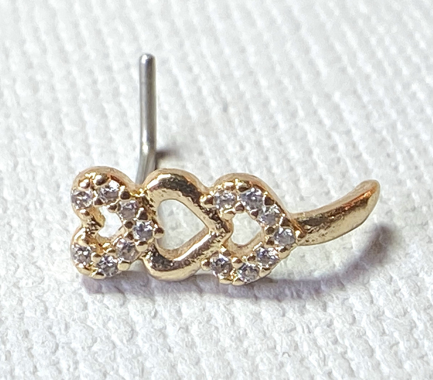 1pc CZ Gem Paved Triple Heart Nose Crawler L-Bend 20g Nose Ring Stud Screw