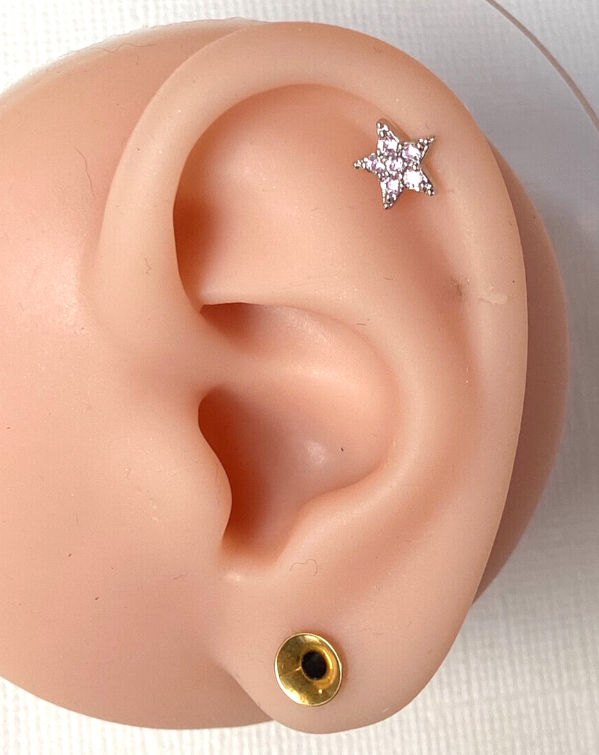 1pc CZ Paved Star 16g Labret Monroe Internally Threaded Steel Helix Tragus