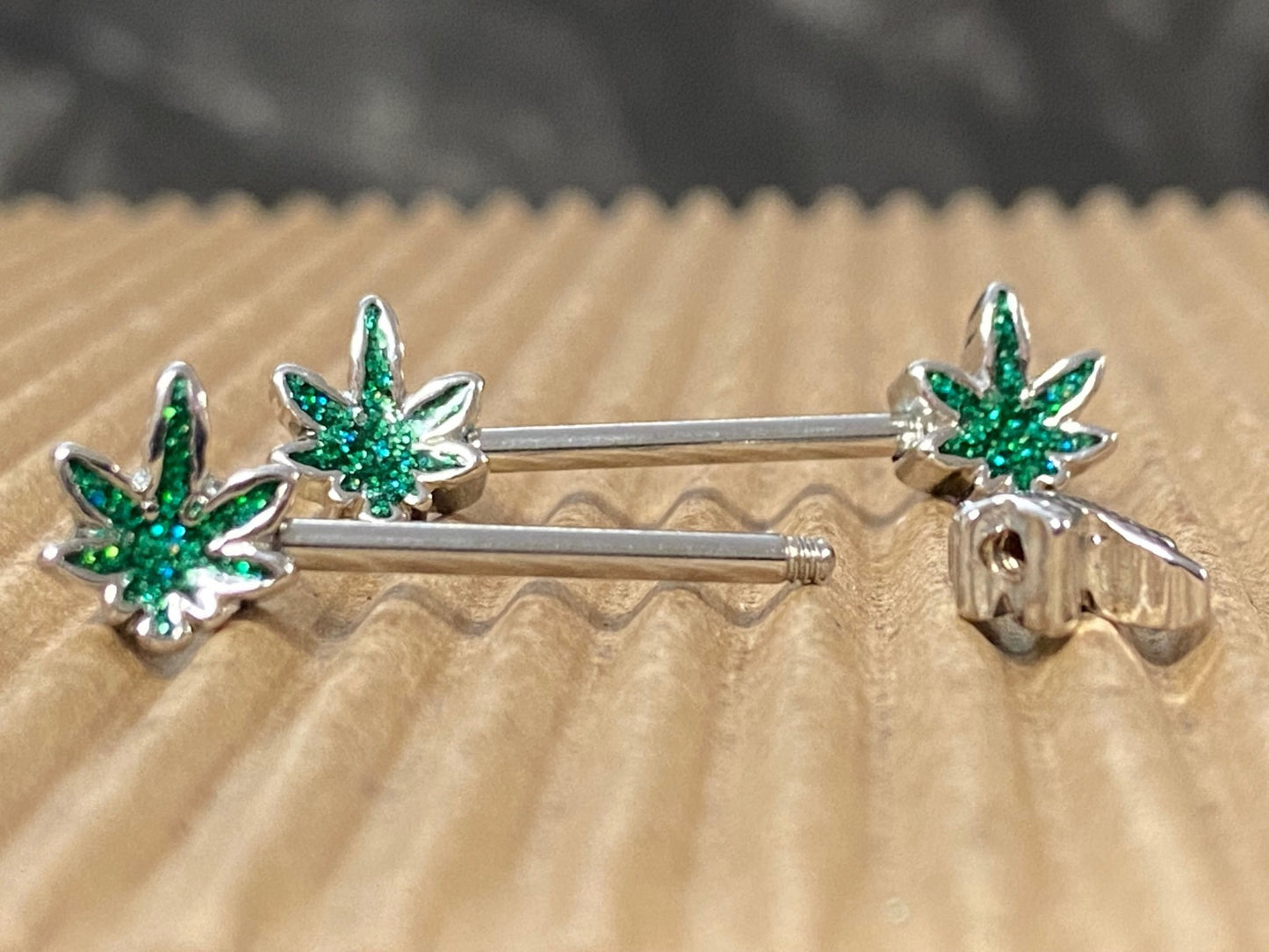 PAIR Glittery Marijuana Leaf Ends Nipple Rings Shields Barbells Pot Body Jewelry