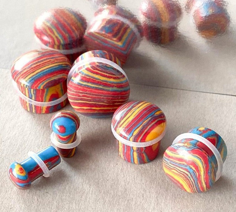 PAIR Primary Colors Tie Dye Malachite Single Flare Stone Plugs Tye Dyed Gauges