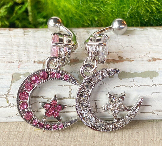 Moon Star Dangle Paved CZ Gem Belly Ring Pierced Navel Naval 14g