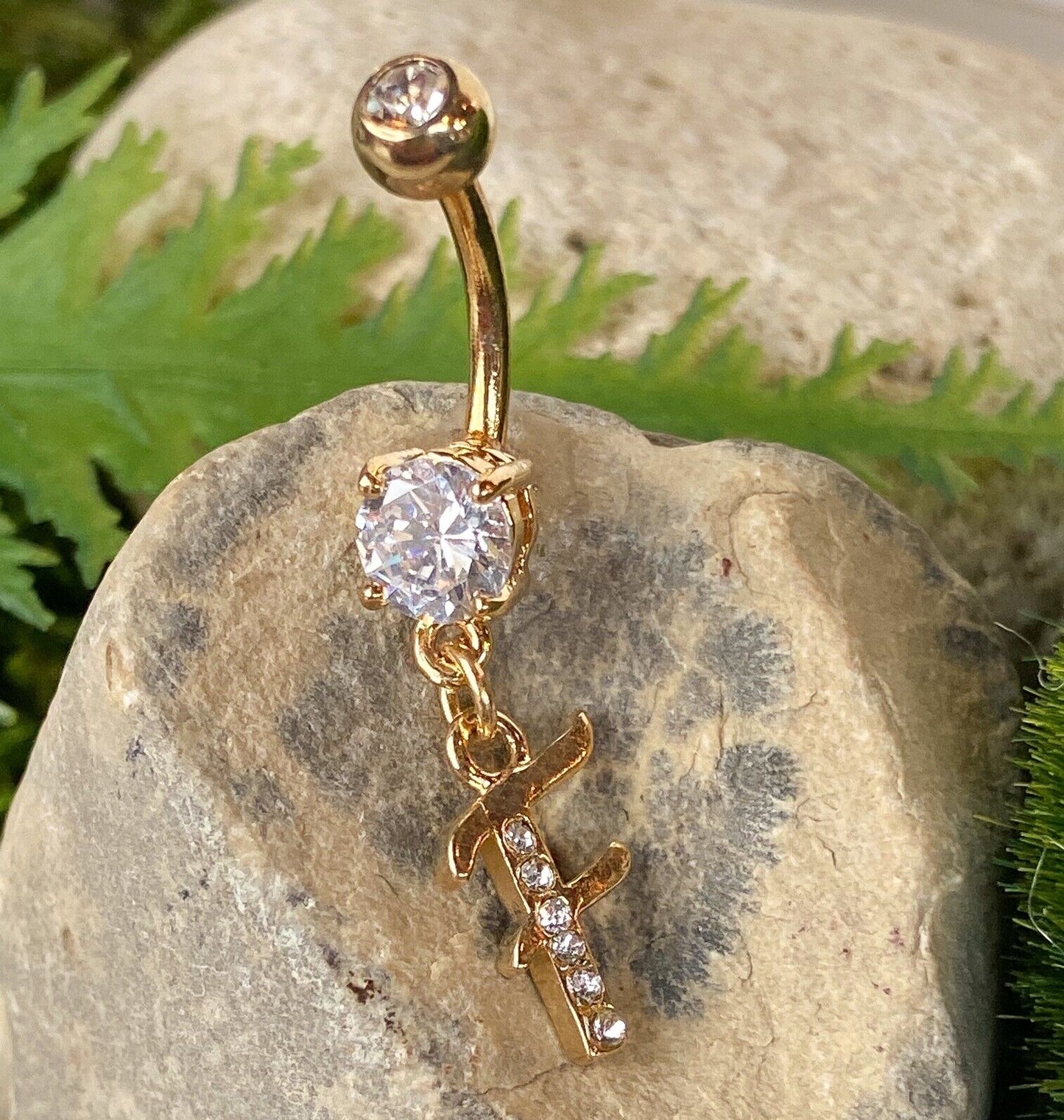 14kt Gold Plated Initial Dangle Belly Ring Naval Navel Letter Body Jewelry
