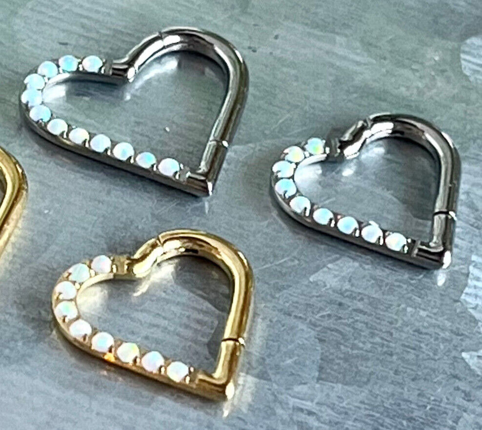 1pc Solid Titanium Half Opals Heart Hinged Segment Ring Helix Septum Clicker