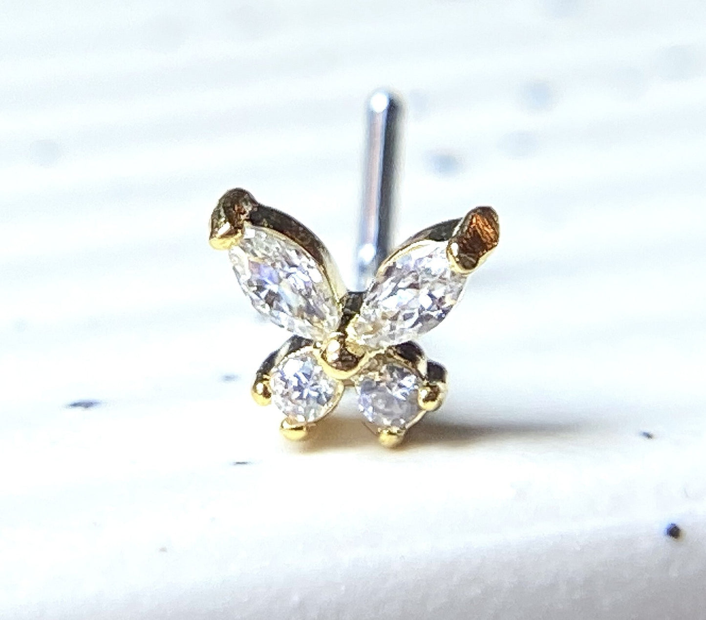 1pc CZ Gem Butterfly L-Bend 20g Nose Ring Stud Screw 316L Surgical Steel