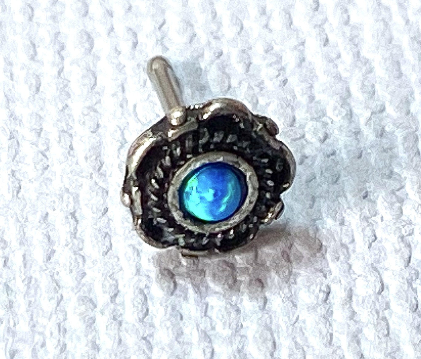 1pc Opal Centered Floral Design Antique Gold or Silver Plated 20g Nose Ring Stud