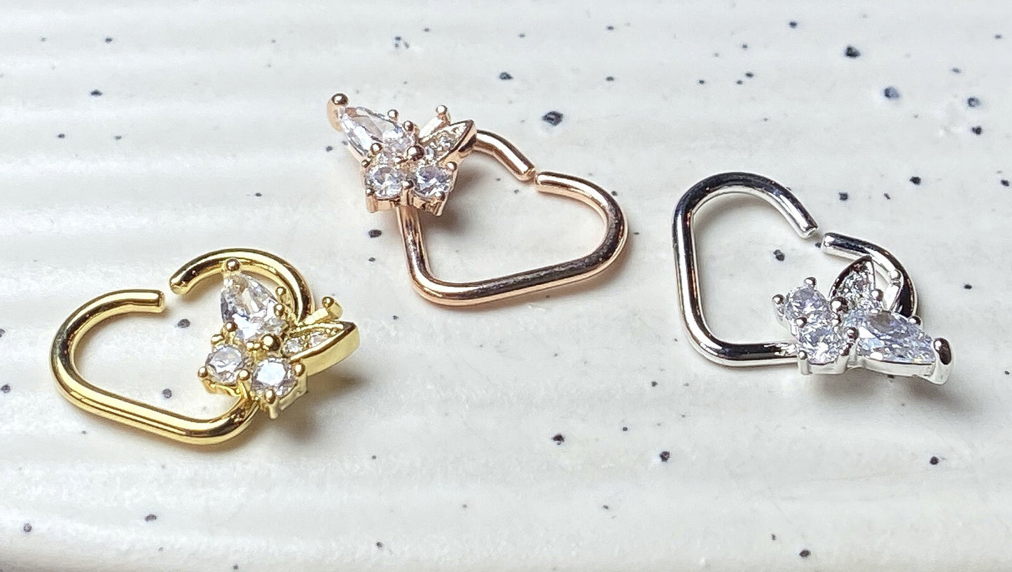 1pc Heart Bendable Ear Cartilage Daith Hoop Ring w/ Prong Set CZ Gem Butterfly