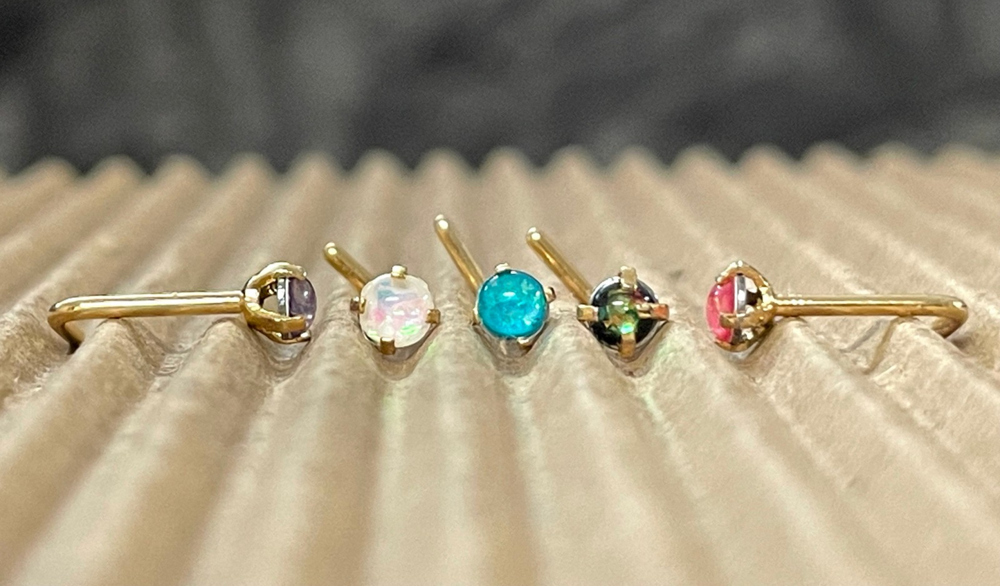 1pc Prong Set Opal Sparkle L-Bend Gold Plated Nose Ring 316L Steel Body Jewelry
