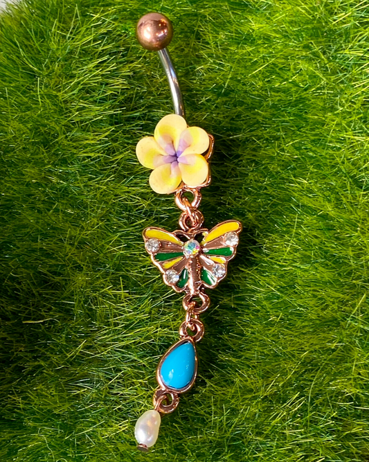 1pc Fimo Flower Vintage Belly Ring w/ Butterfly Dangle Navel Naval Body Jewelry