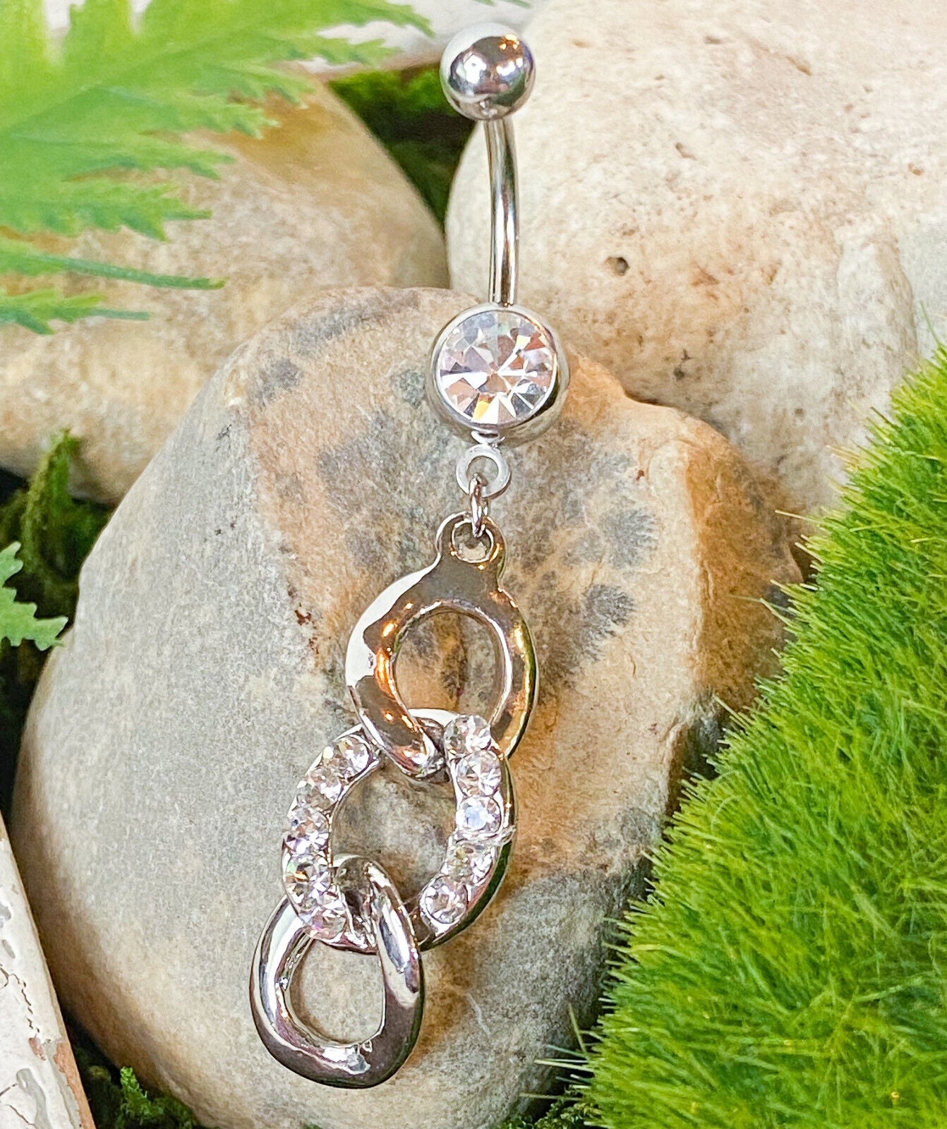 Triple Loop Belly Ring Navel CZ Gem Paved Circle Clear, Pink, Aqua