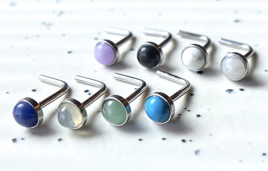 1pc Semi-Precious Stone Set 20g L-Bend Nose Ring Stud Screw 316L Surgical Steel