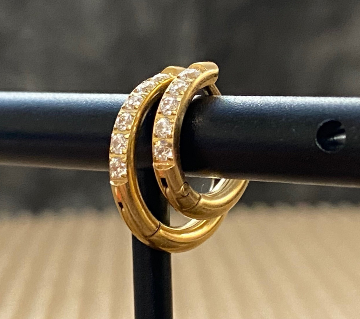 PAIR CZ Gem Accented Hinged Hoop Earrings 316L Stainless Steel Hinge Action 18g