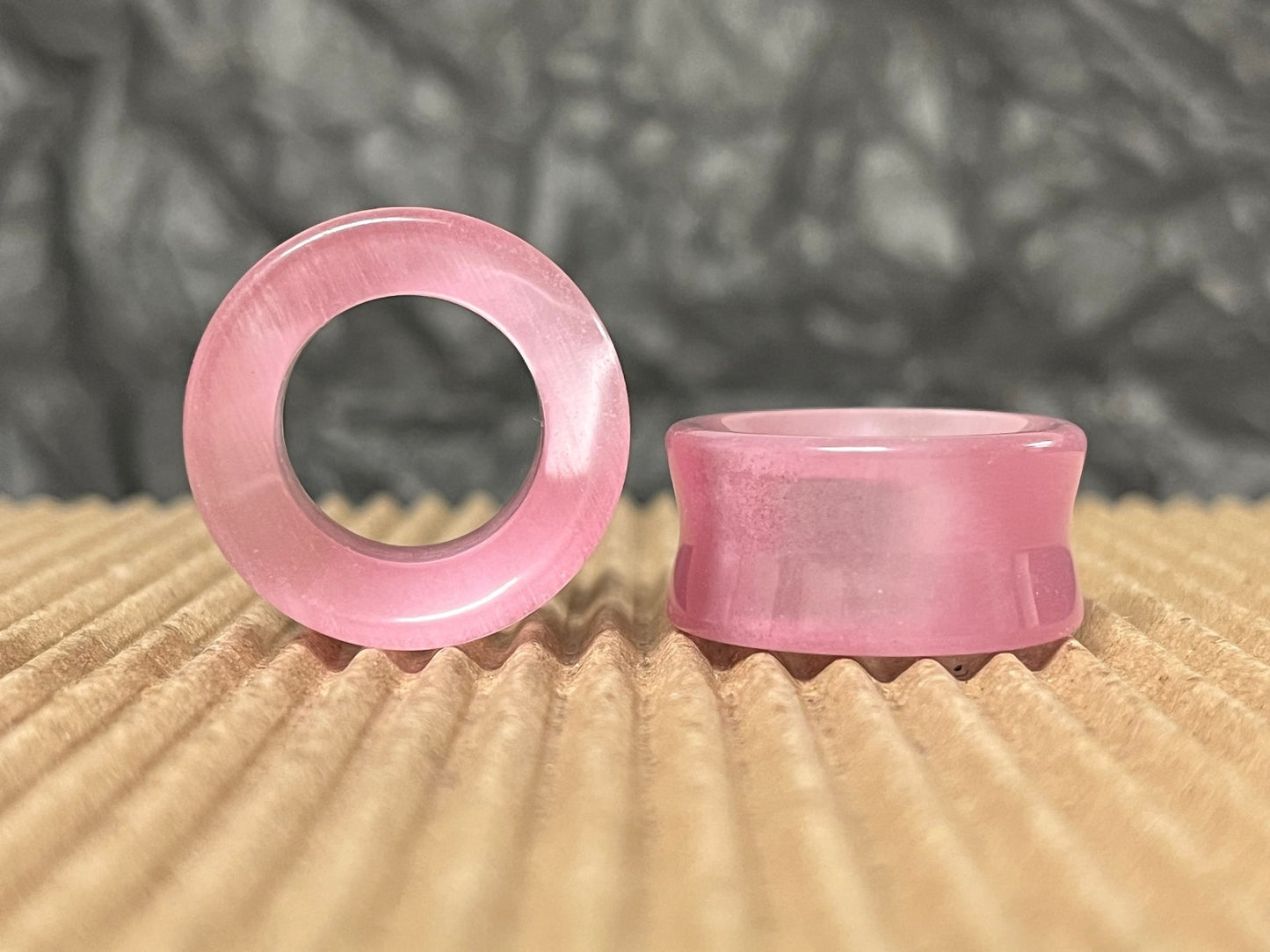 PAIR  Pink Cat Eye Stone Double Flare Tunnels Plugs Earlets Gauges Body Jewelry