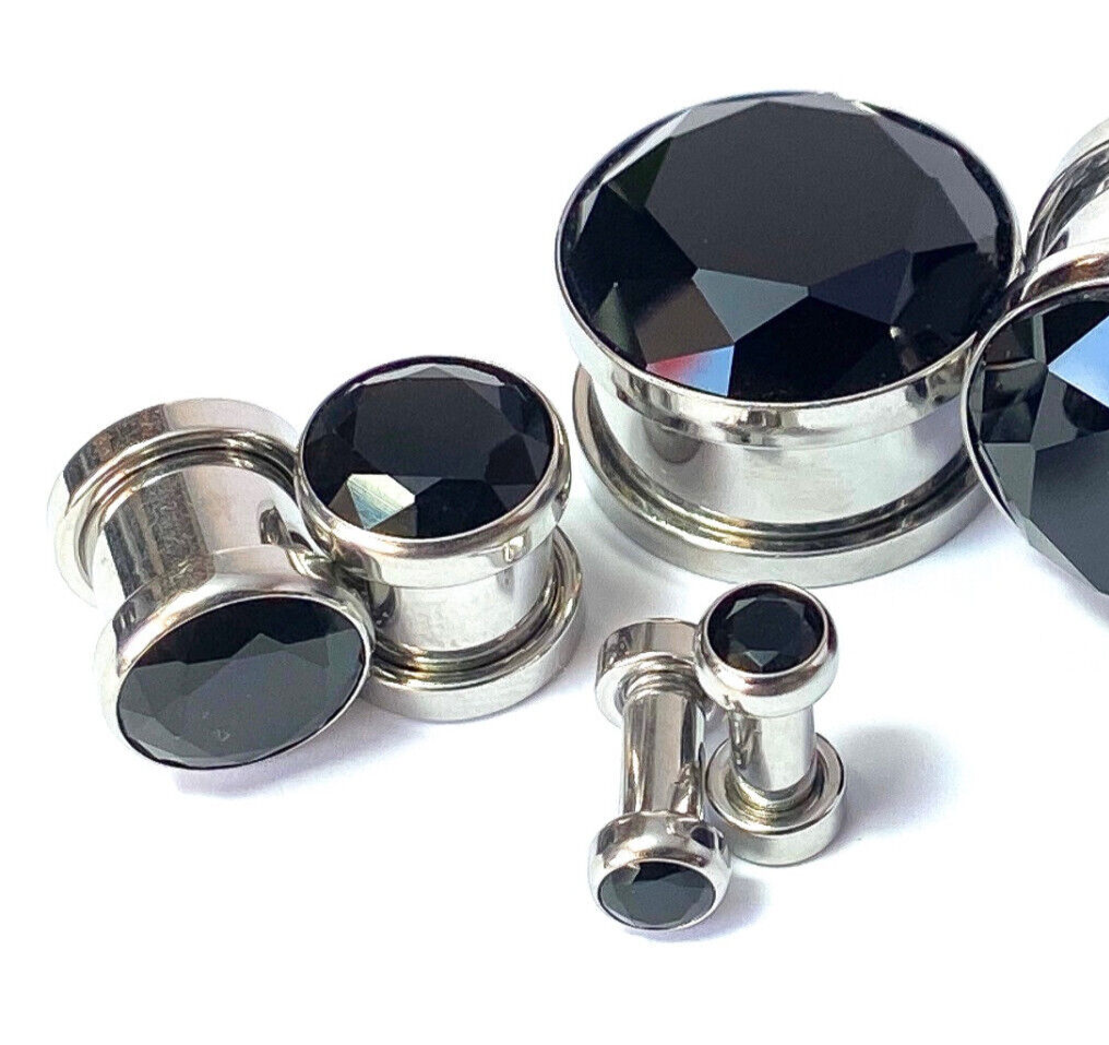 PAIR Large Black Gem Screw Fit Tunnel Plugs Gauges Pierced Body Jewelry Piercing