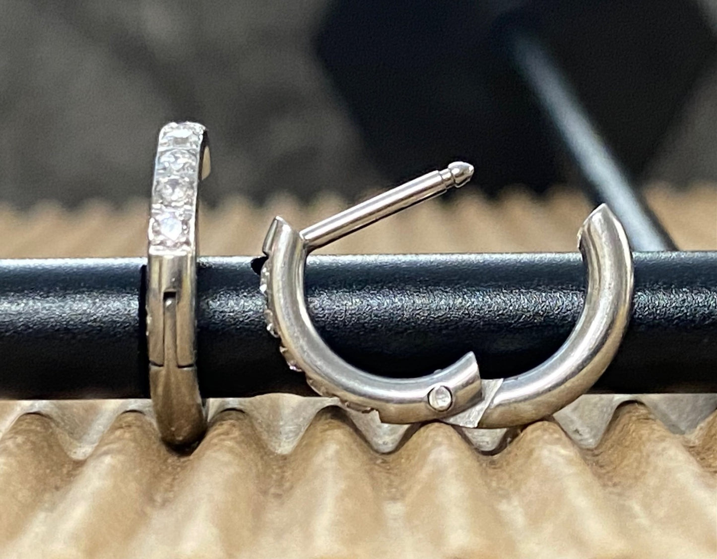 PAIR CZ Gem Accented Hinged Hoop Earrings 316L Stainless Steel Hinge Action 18g