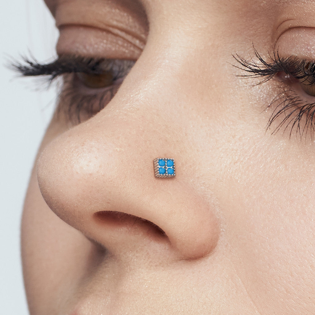 Four Turquoise Stones Square Top 20g Surgical Steel L-Bend Nose Stud Bone Ring