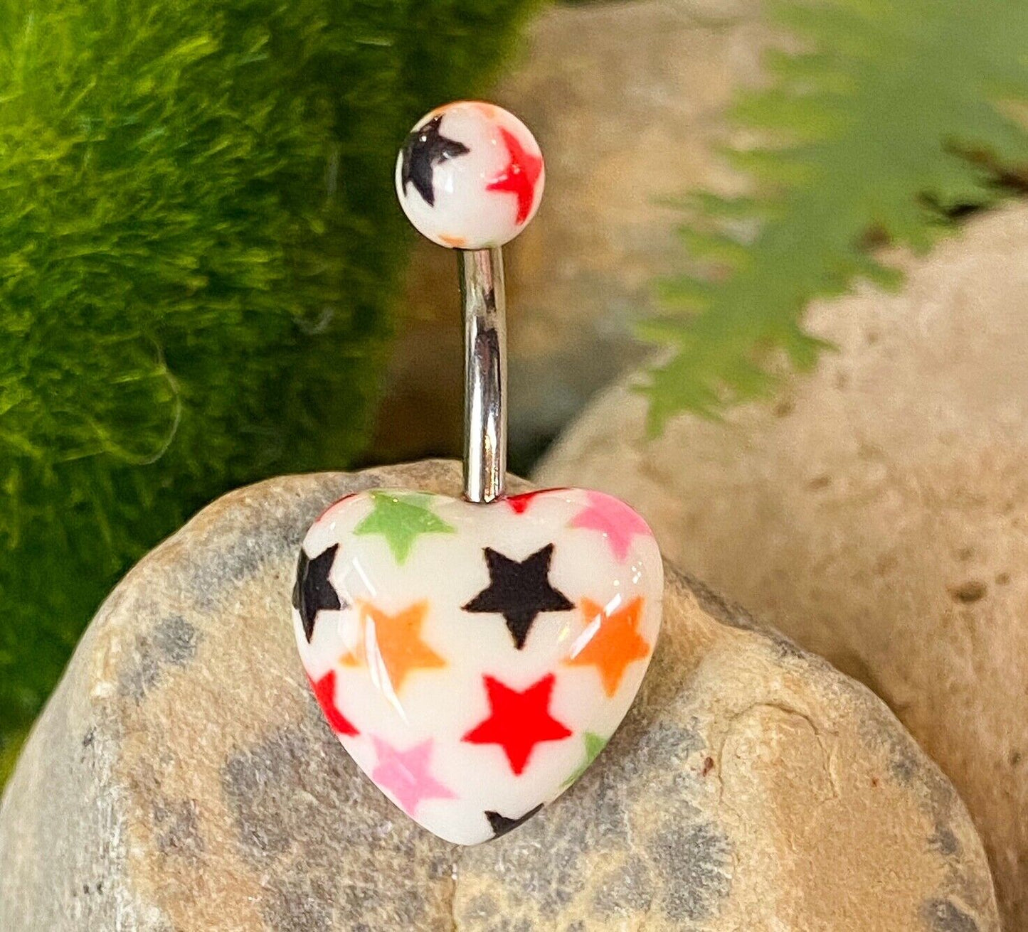 Acrylic Heart Belly Ring Navel Naval Print Black,White, Pink, Blue Stars Cherry