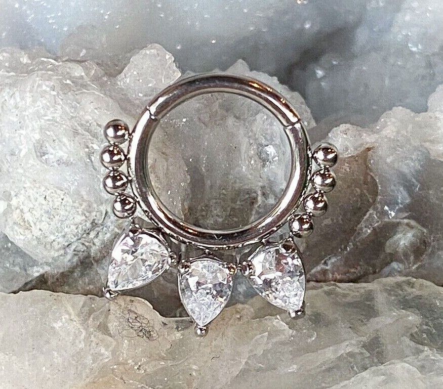 1pc Pear CZ Gems & Beads Hinged Segment Ring 16g Septum Clicker Helix Cartilage