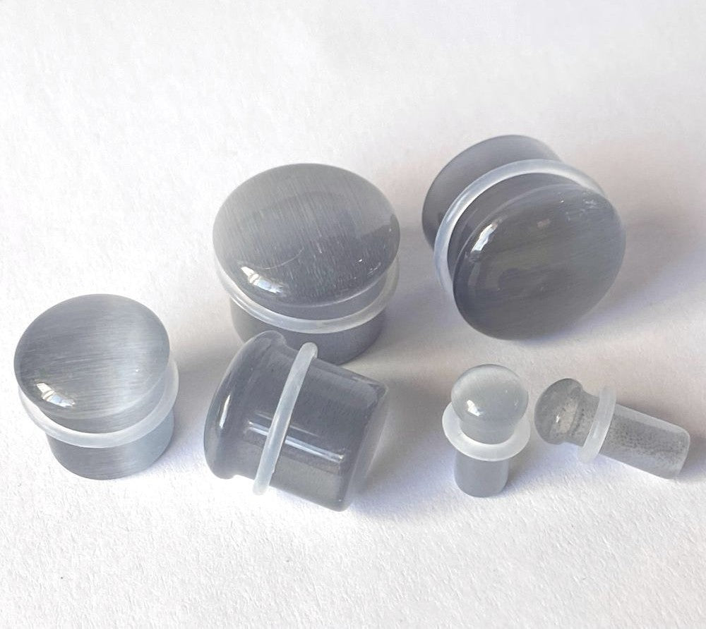 PAIR Gray Cat Eye Stone Plugs Single Flare Tunnels Earlets Gauges Body Jewelry