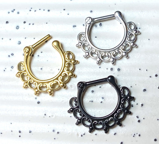 1pc 100% SURGICAL STEEL Lace Tribal Fan Septum Ring Clicker Pierced Nose 16g