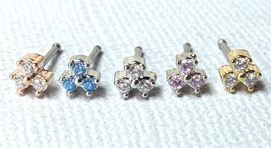 1pc Three CZ Gem Trinity Top 20g Nose Ring Stud Triangle 316L Surgical Steel
