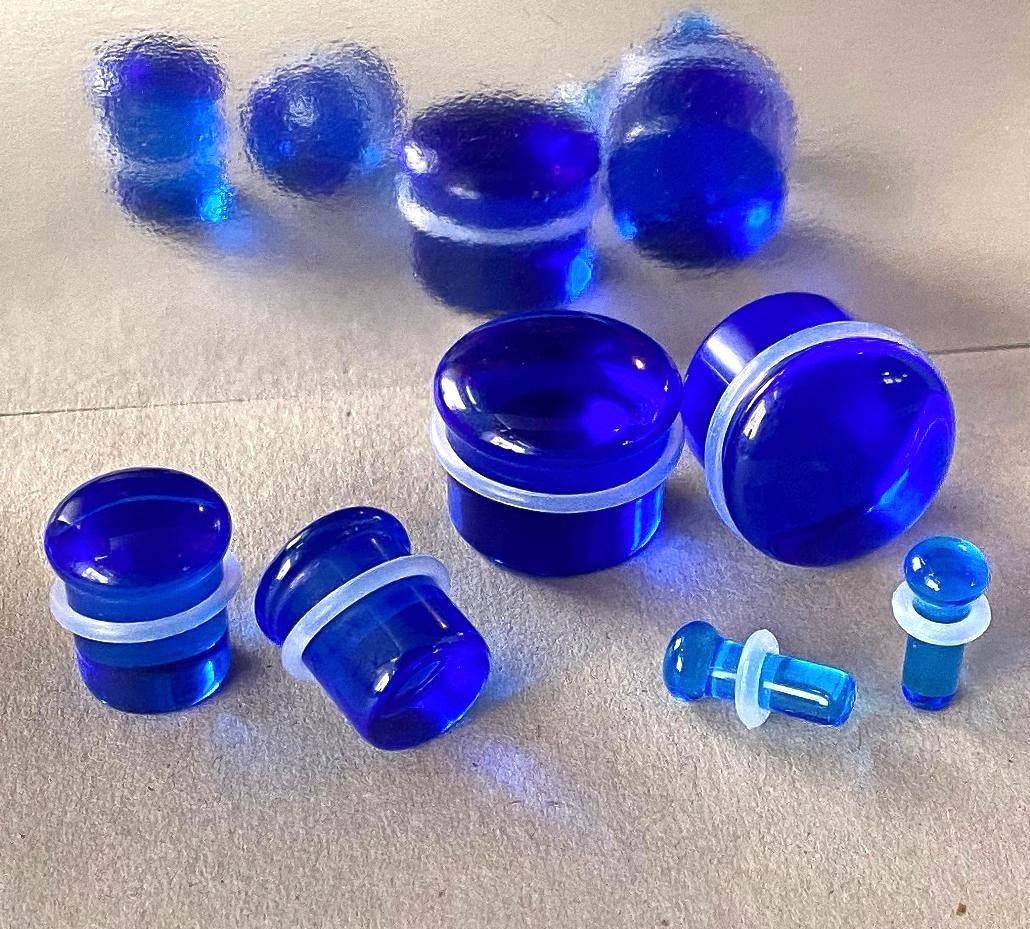 PAIR Blue Glass Single Flare Plugs Gauges Tunnels Earlets Body Piercing Jewelry