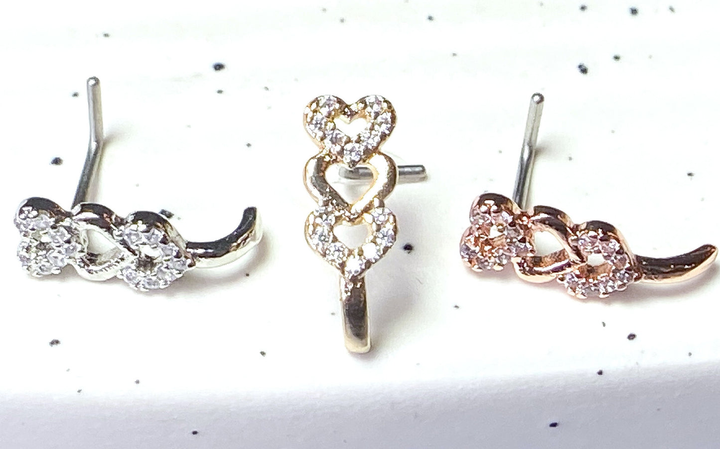 1pc CZ Gem Paved Triple Heart Nose Crawler L-Bend 20g Nose Ring Stud Screw