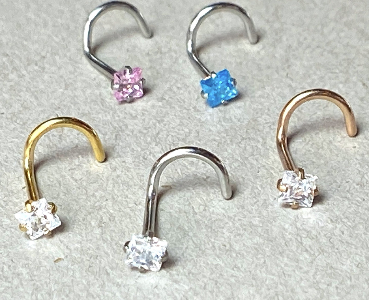 5pcs Prong Set Square Gem Nose Ring Screws 316L Surgical Steel Body Jewelry