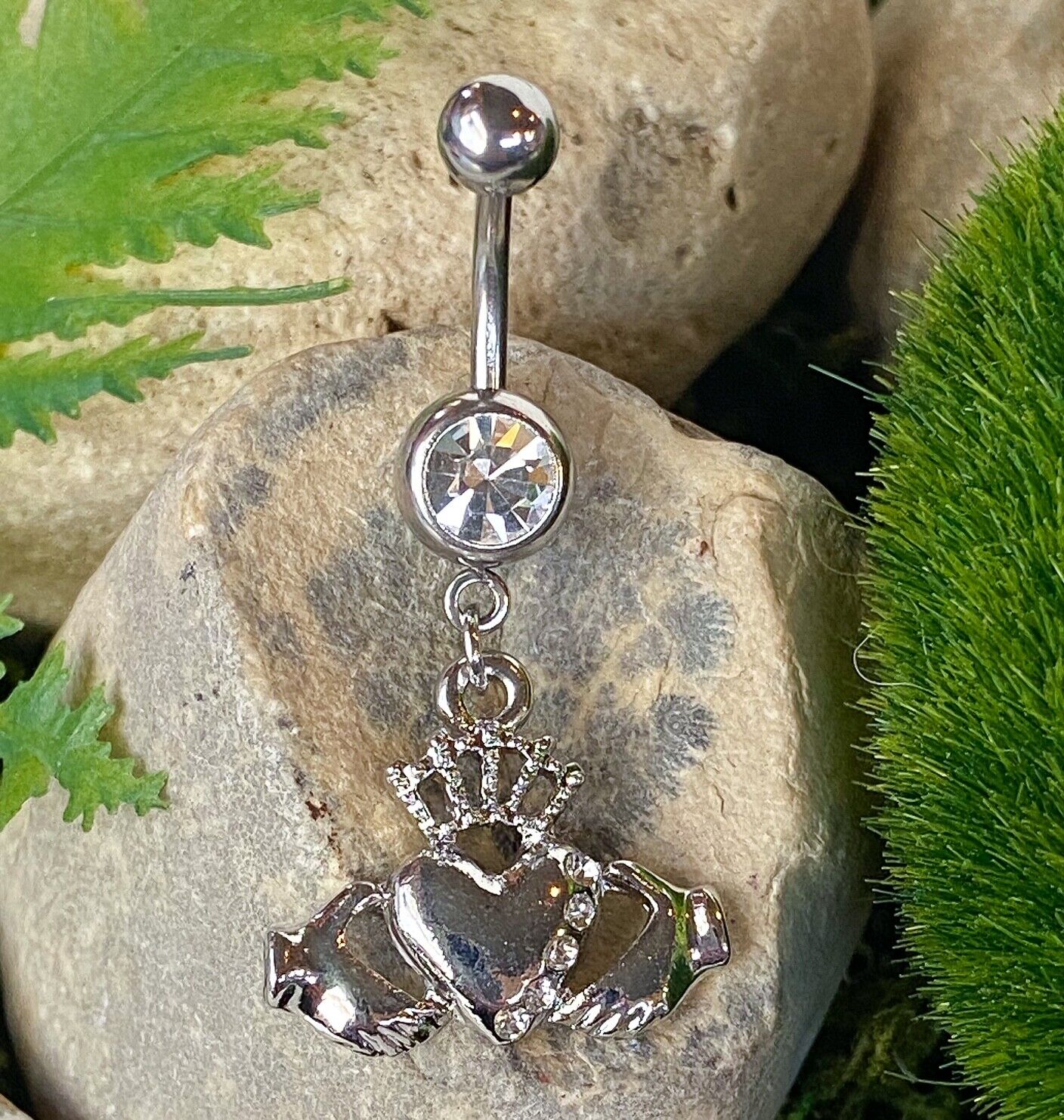 Irish Claddagh Dangle Gem Belly Ring Navel Naval Heart Crown