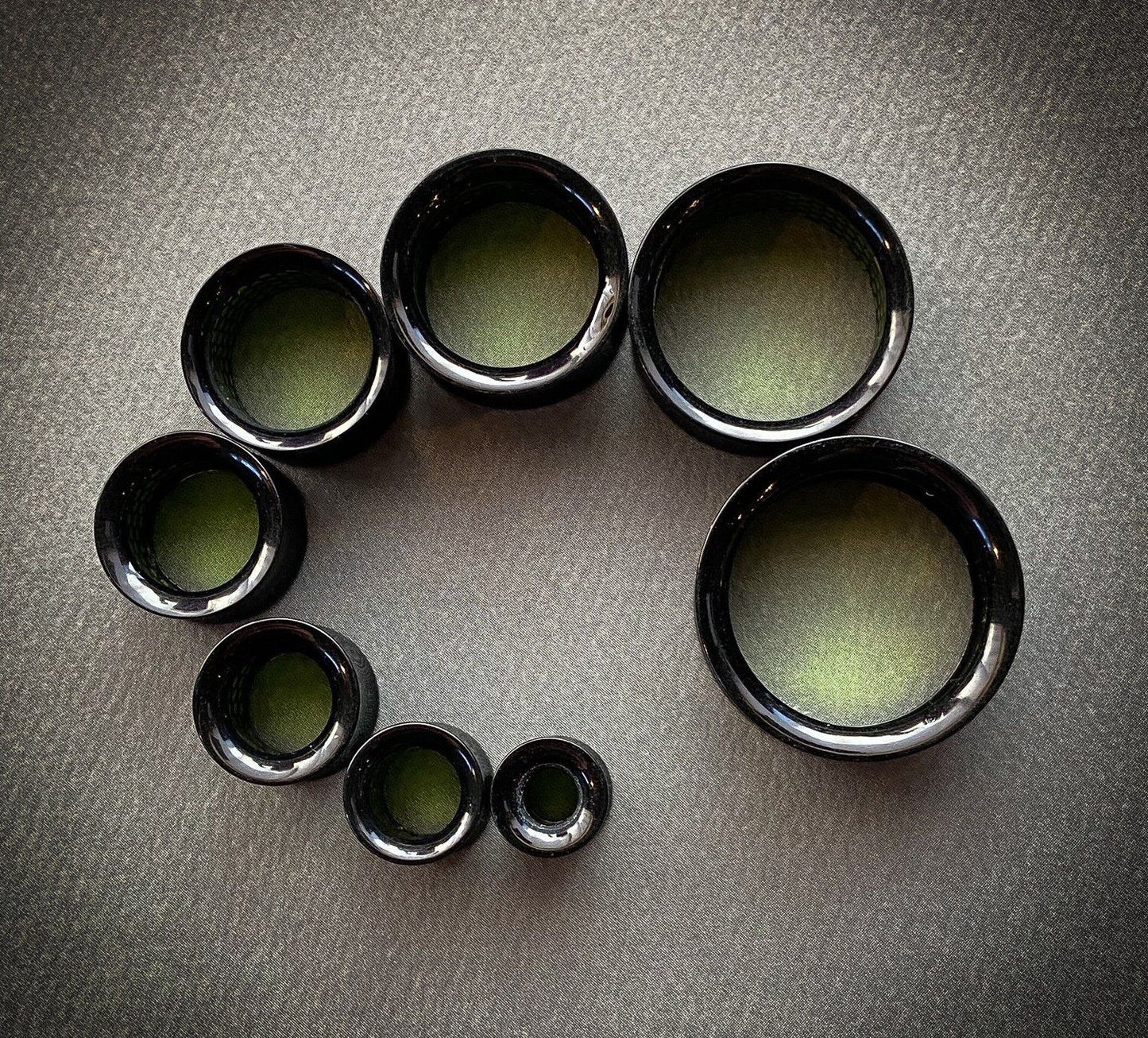 PAIR Inner Green Dotted Pattern Decal Black Acrylic Saddle Tunnels Plugs Gauges
