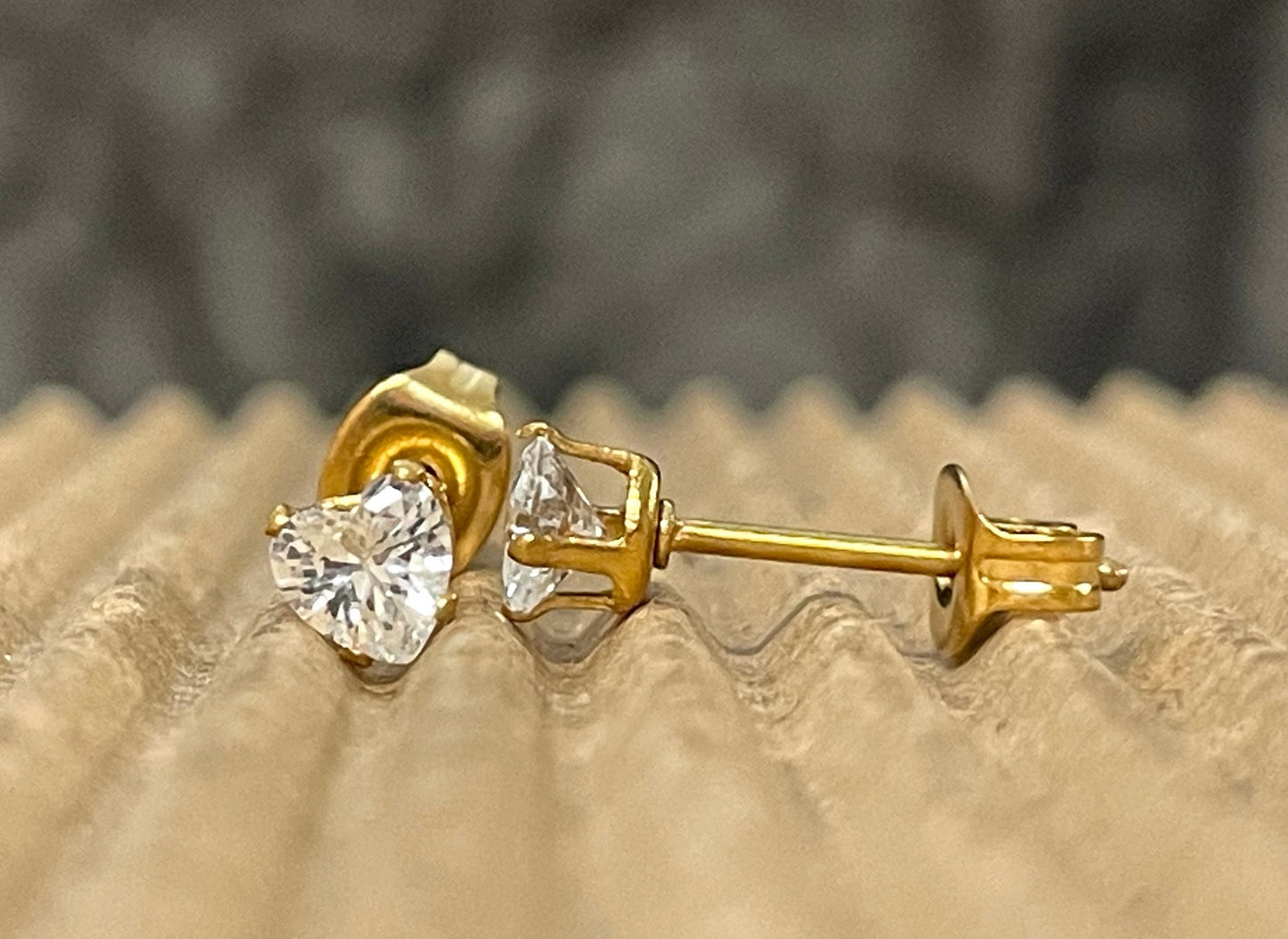 PAIR Heart CZ Gem Stud Earrings 316L Surgical Steel, choose color & gem size