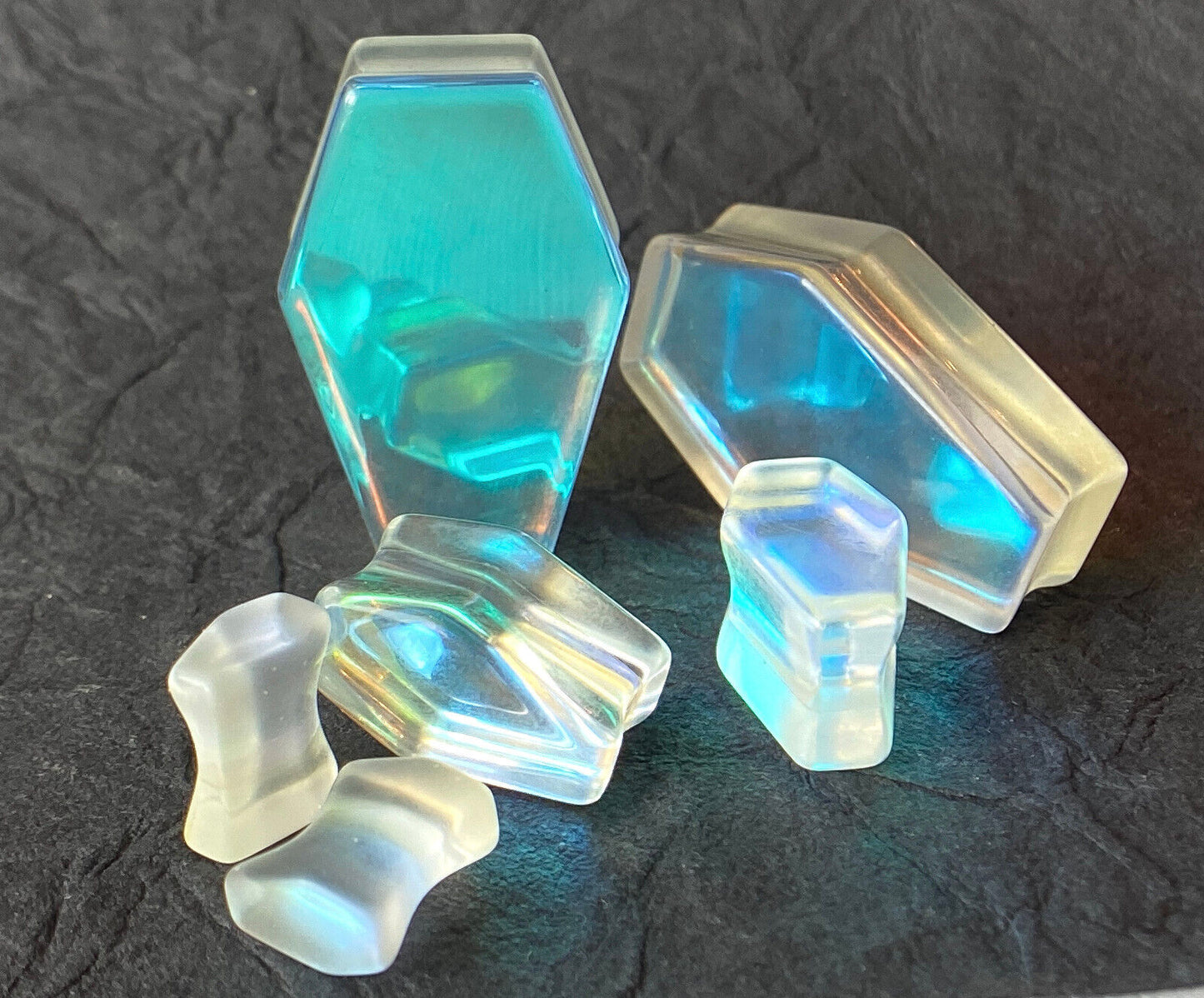 PAIR Luminous Moonstone Iridescent Glass Coffin Shaped Plugs Gauges Tunnels