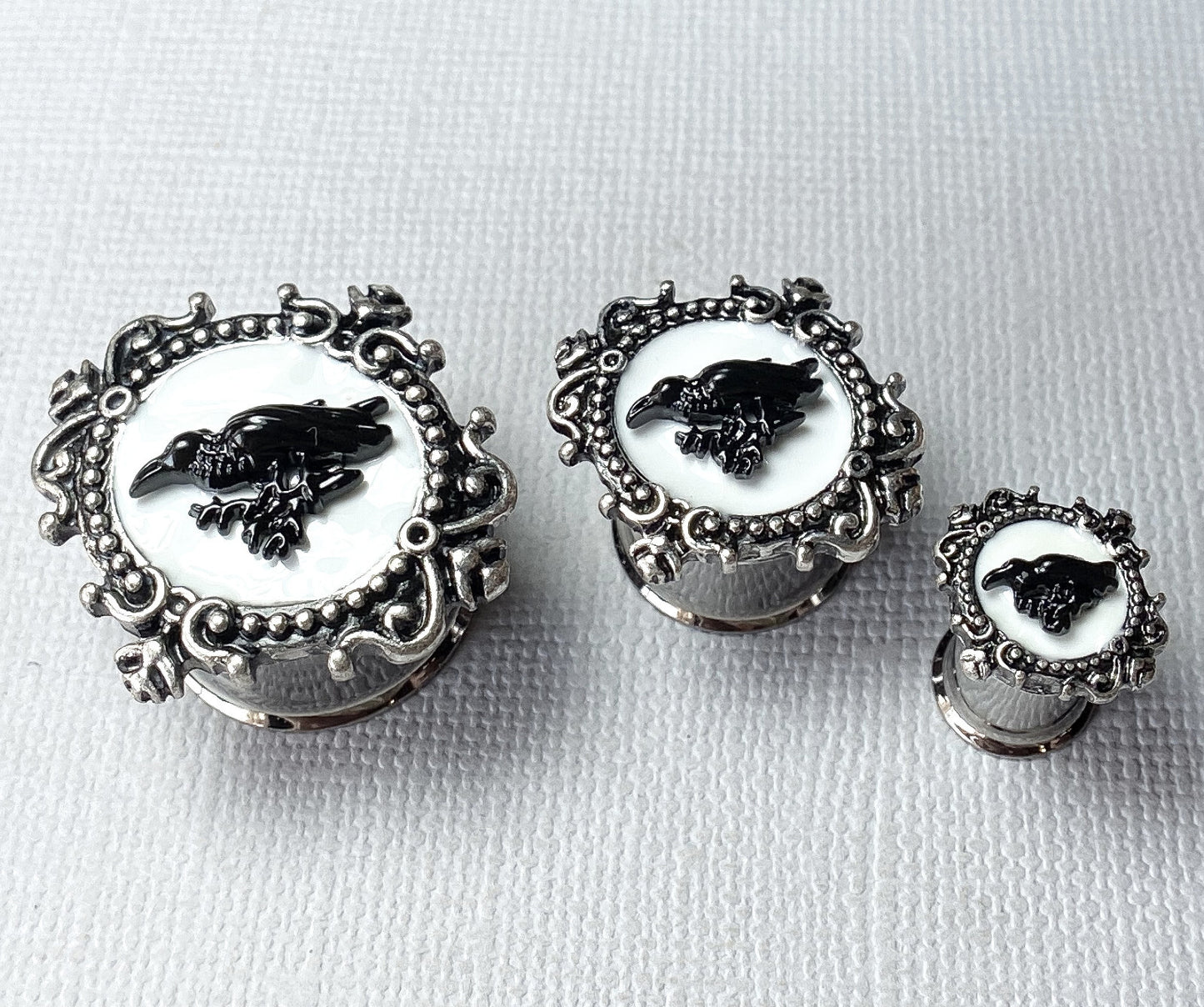 PAIR Poe the Raven Vintage Frame Steel Double Flare Tunnels Plugs Earlet Gauges