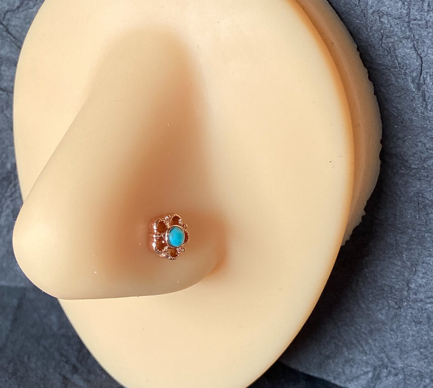 1pc Filigree Flower w/Turquoise Stone Center 20g L-Bend Nose Ring Stud Screw