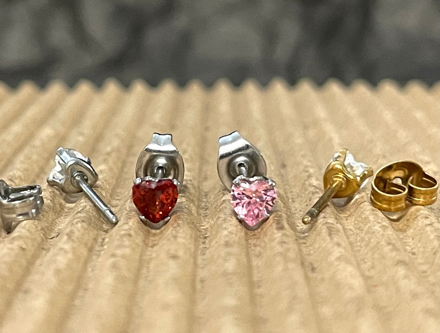 PAIR Heart CZ Gem Stud Earrings 316L Surgical Steel, choose color & gem size