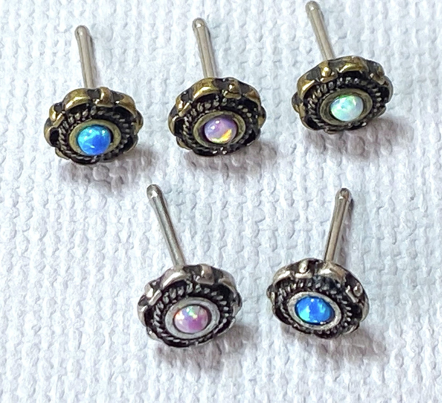 1pc Opal Centered Floral Design Antique Gold or Silver Plated 20g Nose Ring Stud