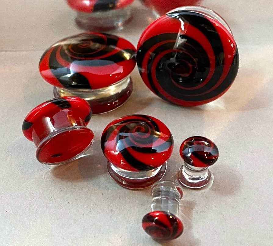 PAIR Red & Black Hypnotic Swirl Glass Double Flare Plugs Tunnels Gauges