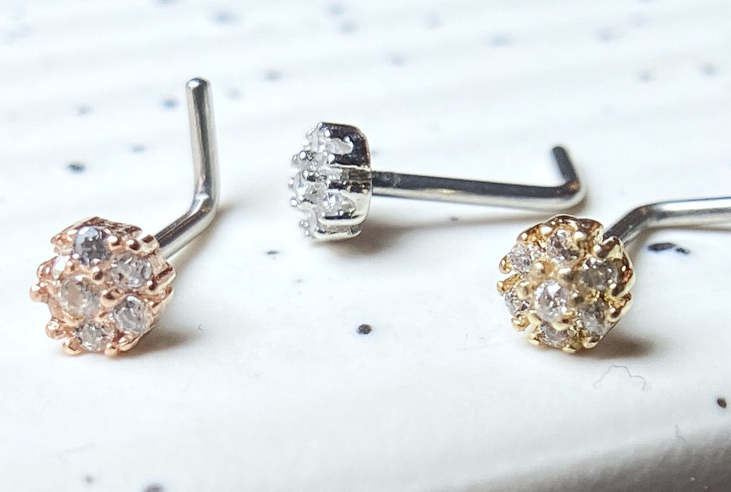 1pc CZ Gem Cluster Flower L-Bend 20g Nose Ring Stud Screw 316L Surgical Steel