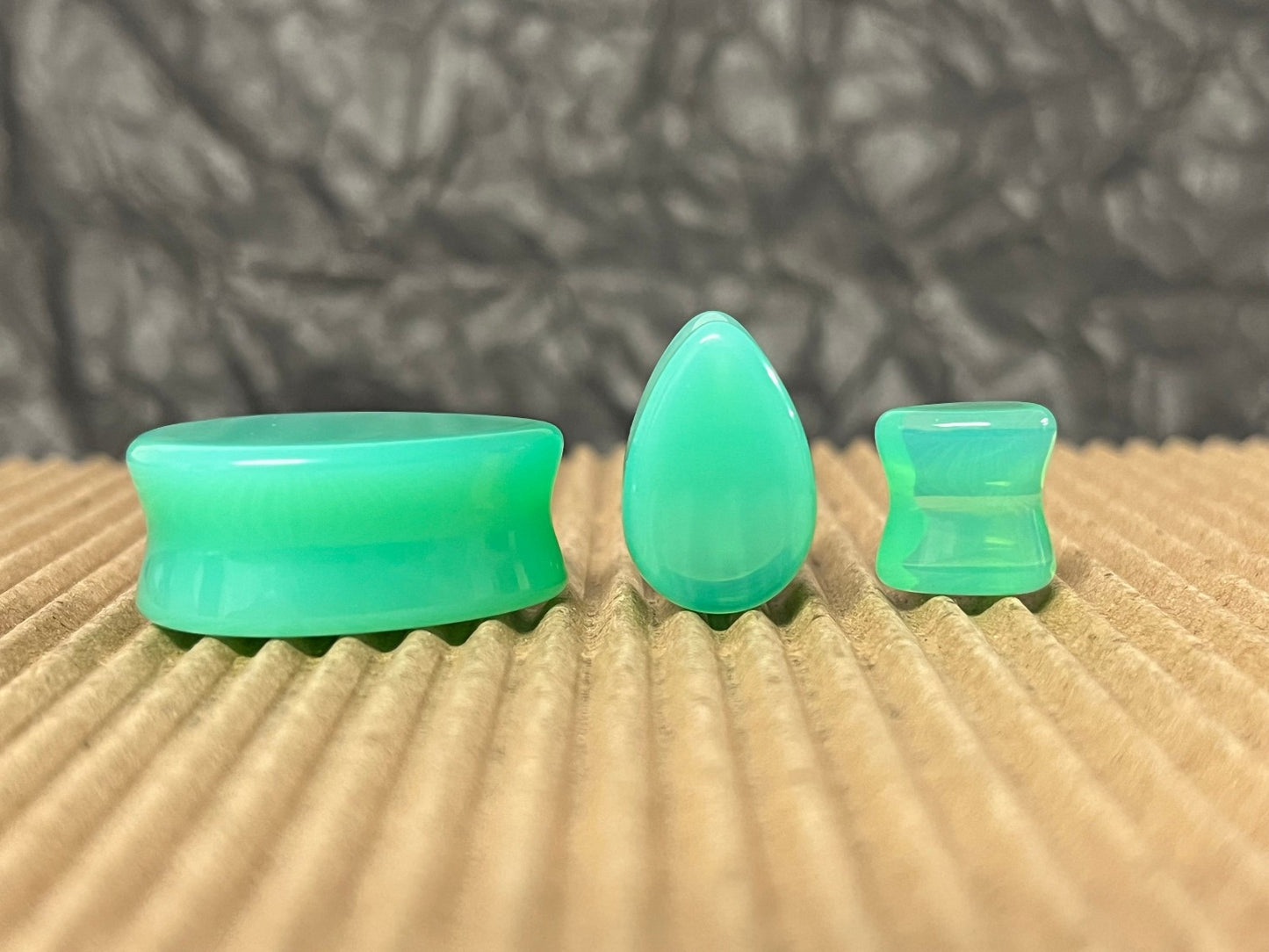 PAIR Green Opalite Teardrop Plugs Double Flare Saddle Tunnel Tear Drop Gauges