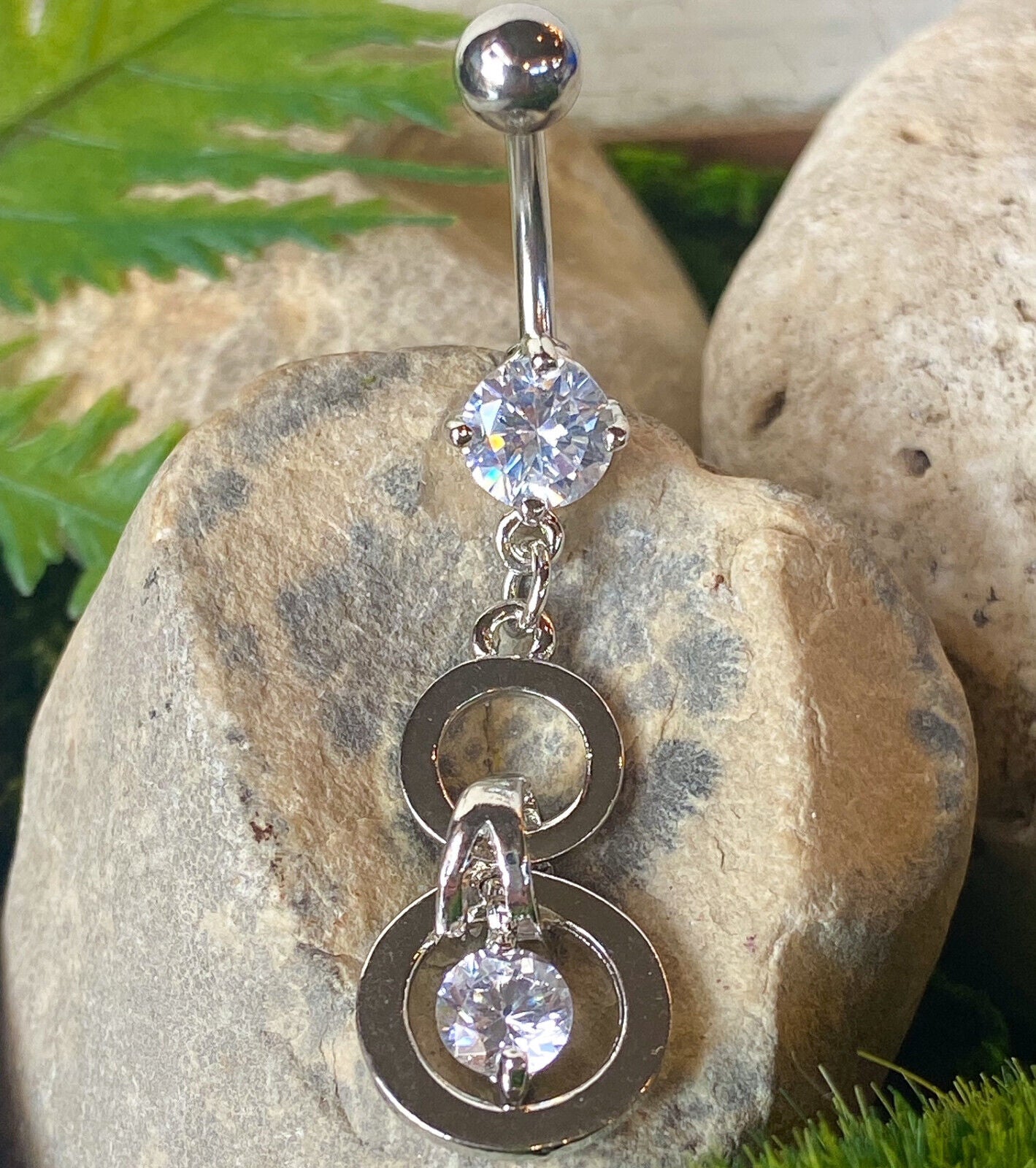 Double Circle CZ Gem Dangle Belly Ring Navel Naval Clear, Pink, Aqua