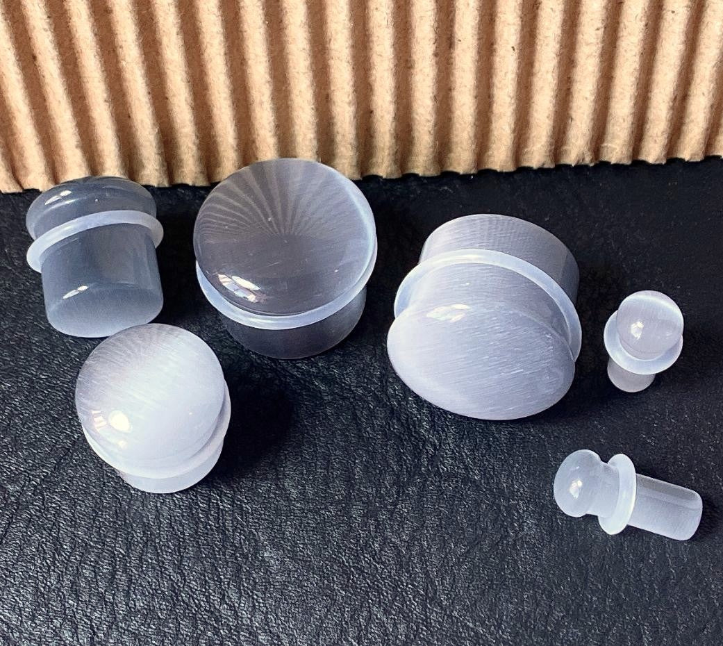 PAIR Gray Cat Eye Stone Plugs Single Flare Tunnels Earlets Gauges Body Jewelry