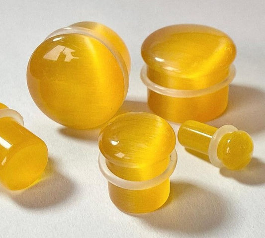 PAIR Yellow Cat Eye Stone Plugs Single Flare Tunnels Earlets Gauges Body Jewelry