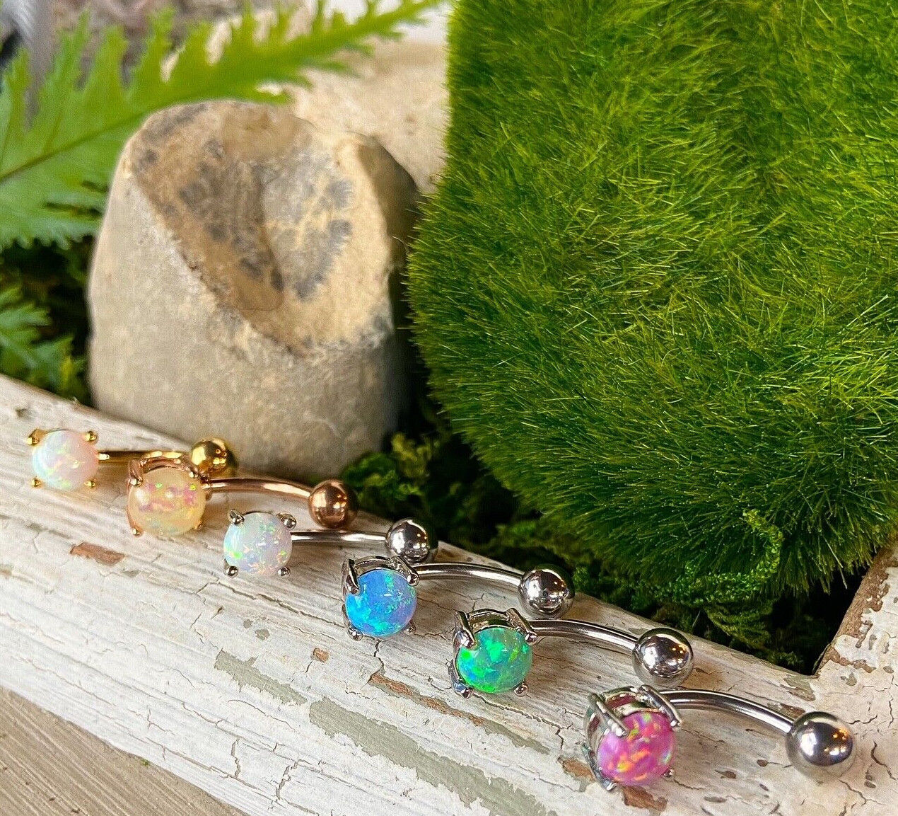 Solitaire Opal Stone Belly Ring Pierced Navel Rose Gold, Blue, Green, Pink