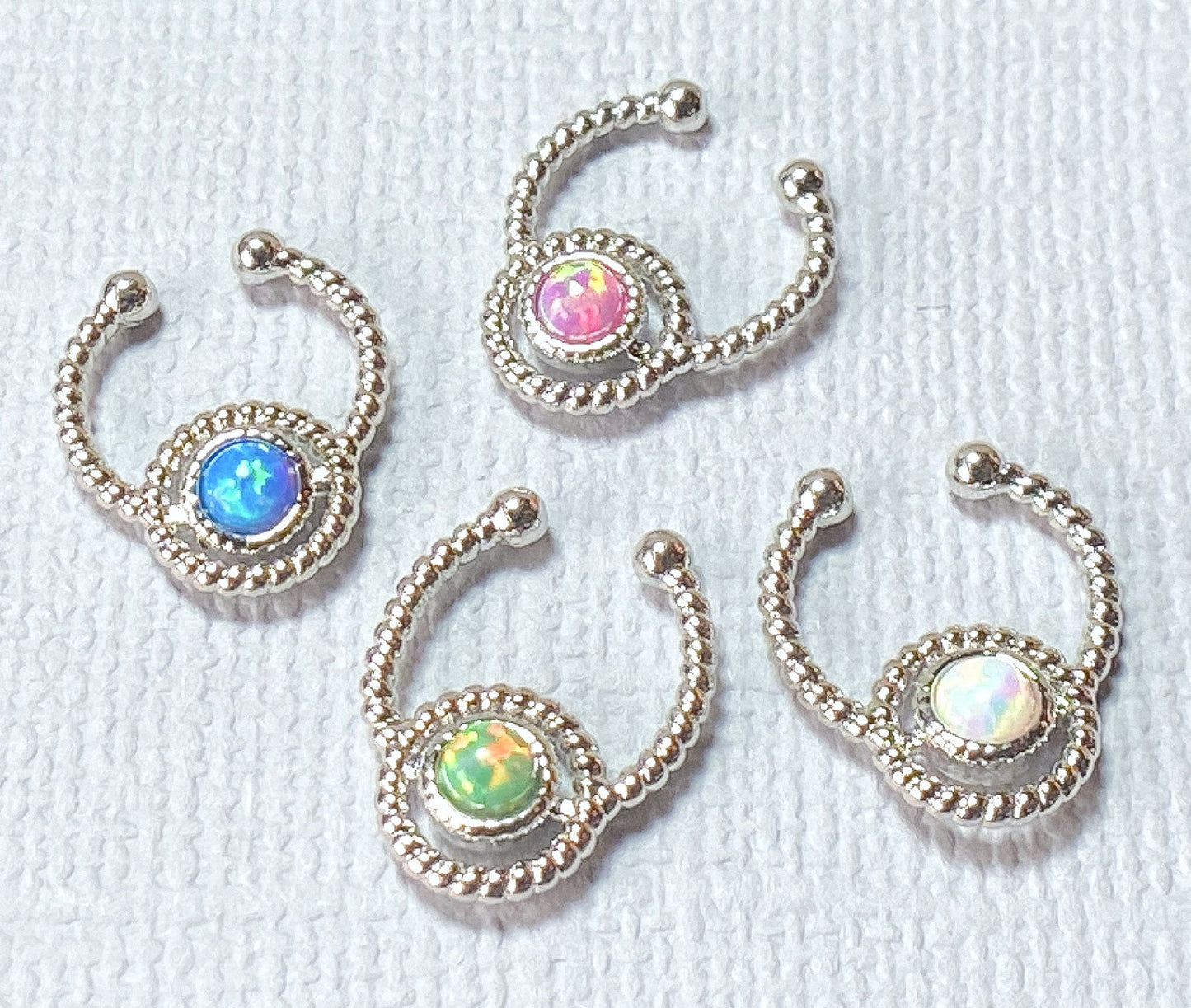 1pc NON-Piercing Silver Roped Circle Design Septum Hanger Opal Gem Fake Ring