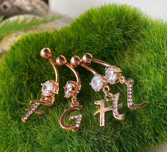 14kt Rose Gold Plated Initial Dangle Belly Ring Pierced Navel Naval Letter